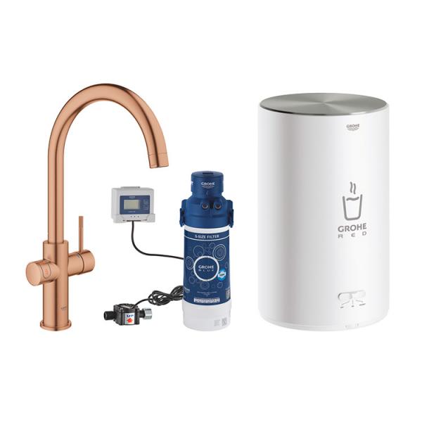 Grohe Red II Duo køkkenbatteri m/3L vandvarmer og C-tud - Børstet warm sunset