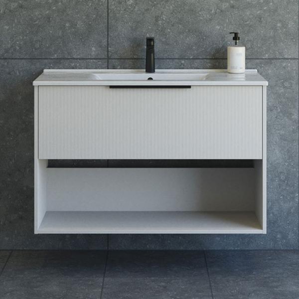 Dansani Mido+ Classic 101 møbelsæt m/Amber vask, 1 skuffe og åbent rum - Striber/mat sand Dansani Mido+ Classic 101 møbelsæt m/Amber vask, 1 skuffe og åbent rum - Striber/mat sand