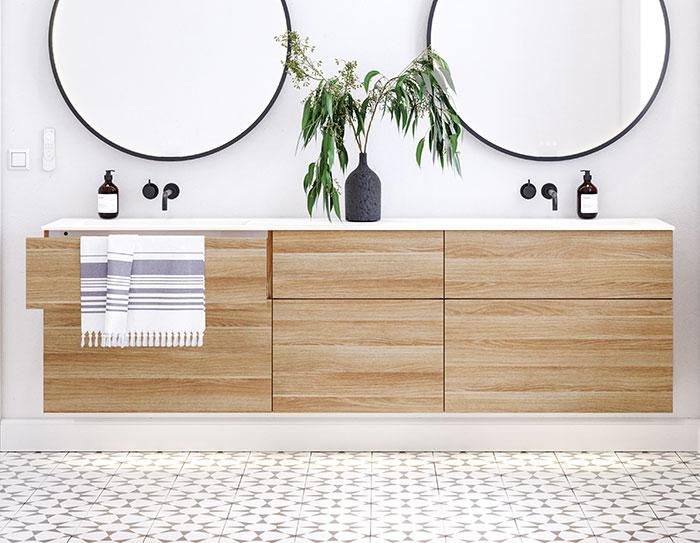 Dansani Luna Urban 220 møbelsæt m/Angular vask og skuffer - Høj - Varm eg Dansani Luna Urban 220 møbelsæt m/Angular vask og skuffer - Høj - Varm eg