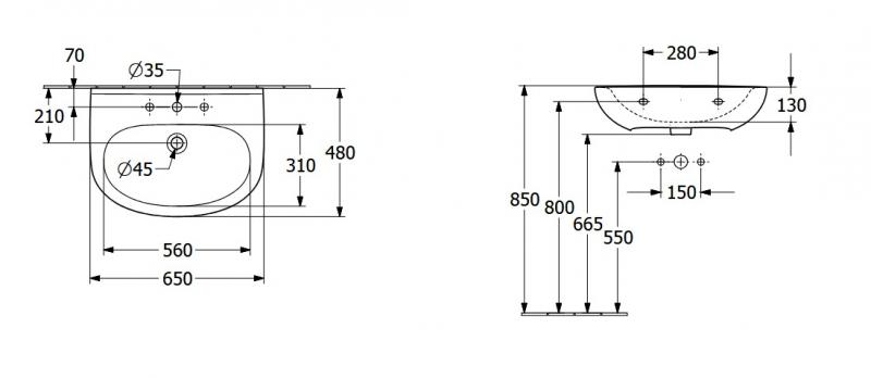 V&B O.novo 65 håndvask t/væg - 1/3 hanehuller V&B O.novo 65 håndvask t/væg - 1/3 hanehuller