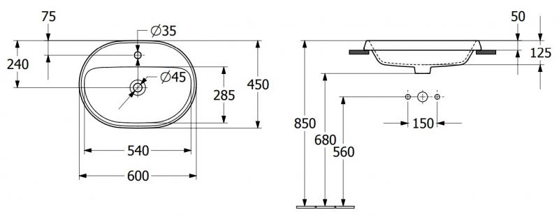 V&B Architectura 60 håndvask t/nedfældning - 1/3 hanehuller V&B Architectura 60 håndvask t/nedfældning - 1/3 hanehuller