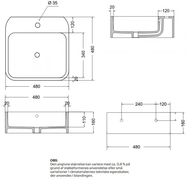 Lavabo Cosa 48 håndvask t/væg eller bord - 1 hanehul