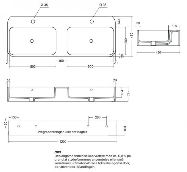 Lavabo Cosa 120 dobbelt håndvask t/væg eller bord - 2 hanehuller