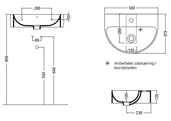 Lavabo 50 halvrund håndvask t/væg eller bord - 1 hanehul