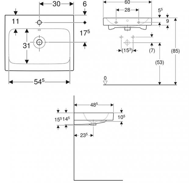 Geberit iCon 60 håndvask t/væg eller møbel - 1 hanehul