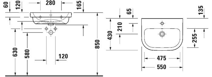 Duravit D-code 55 håndvask t/væg - 1 hanehul Duravit D-code 55 håndvask t/væg - 1 hanehul
