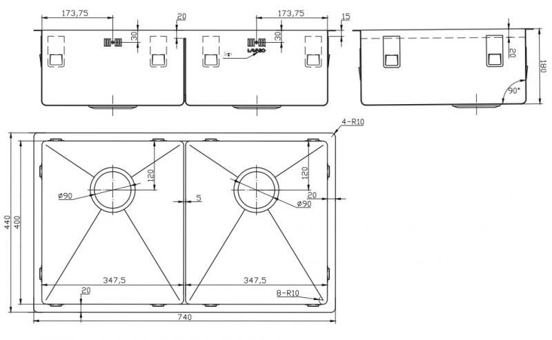 Lavabo Kubus 740 Soft Slim dobbelt køkkenvask i rustfrit stål Lavabo Kubus 740 Soft Slim dobbelt køkkenvask i rustfrit stål