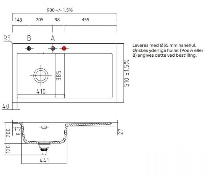 Lavabo Mera 90 porcelænskøkkenvask - Vask til venstre/krom afløb Lavabo Mera 90 porcelænskøkkenvask - Vask til venstre/krom afløb