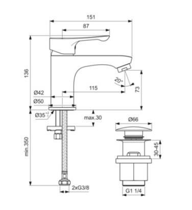 Ideal Standard Alpha håndvaskarmatur m/push-up bundventil