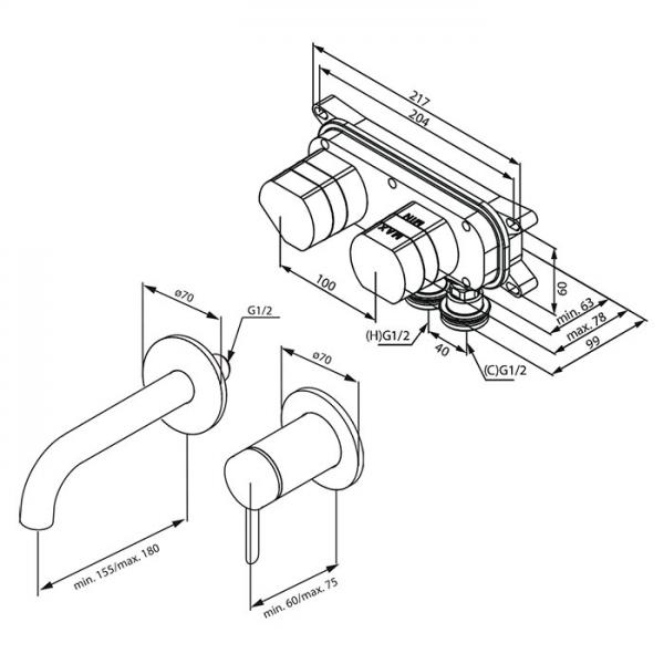 Damixa Iris komplet håndvaskarmatur til indbygning - Børstet kobber
