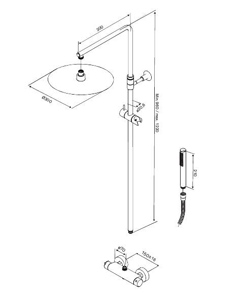 Damixa Iris 300 komplet brusesystem m/termostat - Børstet kobber