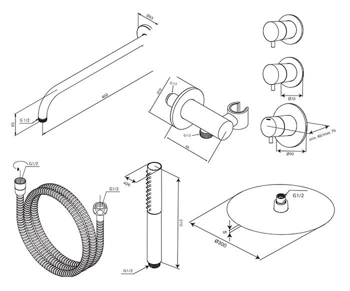 Damixa Iris XS 1 300 brusesæt til indbygning - Børstet messing