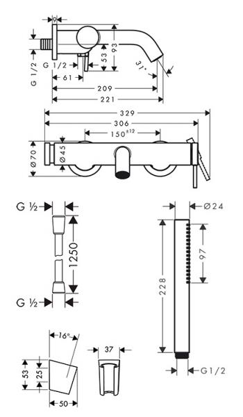 hansgrohe Tecturis komplet badekararmatur m/Eco slim håndbruser - Krom hansgrohe Tecturis komplet badekararmatur m/Eco slim håndbruser - Krom