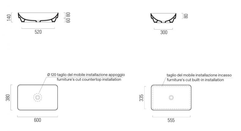 GSI Pura 60 fritstående bowlevask - Firkantet - Uden overløb - Agave