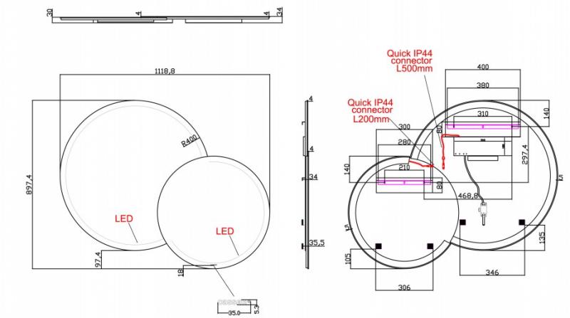 Cassøe Livorno dobbeltspejl m/backlight - Venstre