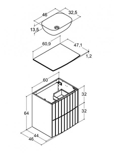 Dansani Luna Vintage 60 møbelsæt m/Stadium vask, buet og rillet front - Hvid mat