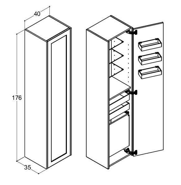 Dansani Luna Classic 40 højskab C m/1 låge og rammefront - Venstrehængslet - Hvid mat