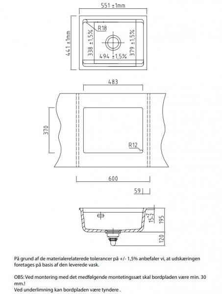 Lavabo Kara 50 U porcelænskøkkenvask - Mat sort m/kobber afløb Lavabo Kara 50 U porcelænskøkkenvask - Mat sort m/kobber afløb
