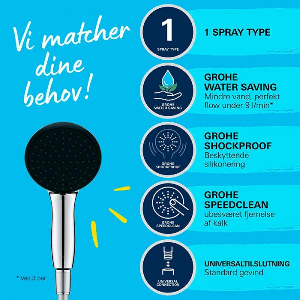 Grohe Vitalio Start 110 håndbruser 1 spray inkl. bruseslange og WaterSaving Grohe Vitalio Start 110 håndbruser 1 spray inkl. bruseslange og WaterSaving