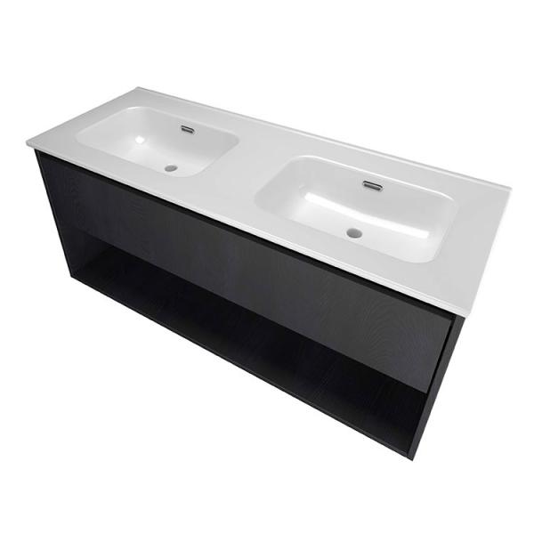 Sanibell Proline 120 møbelsæt m/1 skuffe, hylde og dobbeltvask - Uden hanehul - Sort eg Sanibell Proline 120 møbelsæt m/1 skuffe, hylde og dobbeltvask - Uden hanehul - Sort eg