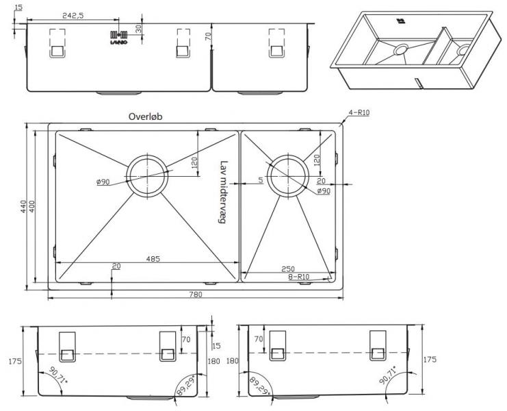 Lavabo Kubus 780 Soft Slim køkkenvask med skylleskål - Rustfrit stål Lavabo Kubus 780 Soft Slim køkkenvask med skylleskål - Rustfrit stål